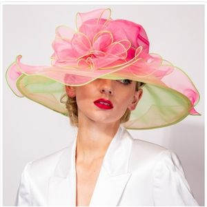 Gorgeous Pink and Green Wide Brim Organza Hat Derby Church Brunch Tea AKA NWT